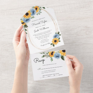 Invitation Tout En Un Tournesol Dusty Bleu Rustique Mariage Rose