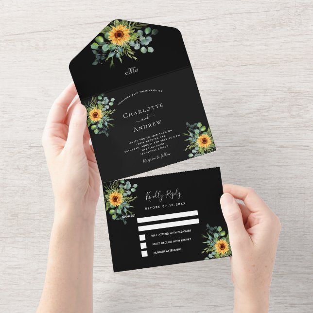 Invitation Tout En Un Tournesol eucalyptus mariage noir (Déchirure)