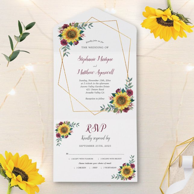 Invitation Tout En Un Tournesol géométrique Bourgogne Rose moderne Maria (Créateur téléchargé)