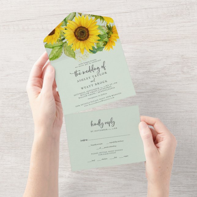 Invitation Tout En Un Tournesol | Mariage Mint Tout en un (Déchirure)