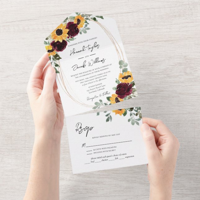 Invitation Tout En Un Tournesol rustique et Roses avec Mariage RSVP (Déchirure)
