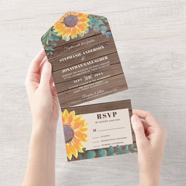 Invitation Tout En Un Tournesol rustique Eucalyptus Barne Bois (Déchirure)