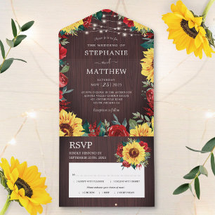 Invitation Tout En Un Tournesol rustique Rouge Roses Lumières Mariage
