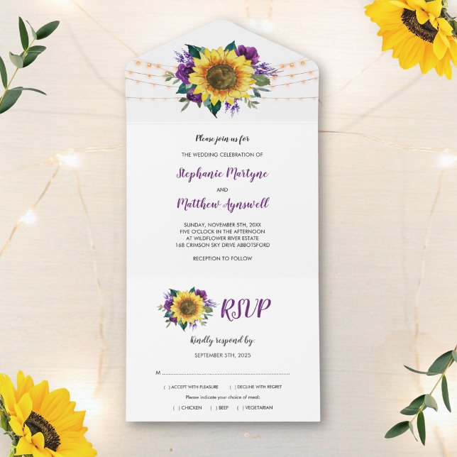 Invitation Tout En Un Tournesol violet Rose éclaire le Mariage floral (Créateur téléchargé)