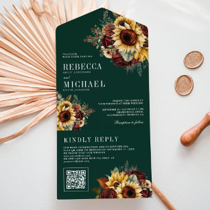 Invitation Tout En Un Tournesols Bourgogne Code QR Mariage Émeraude