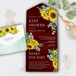 Invitation Tout En Un Tournesols de Bourgogne Feuilles d'Eucalyptus Baby