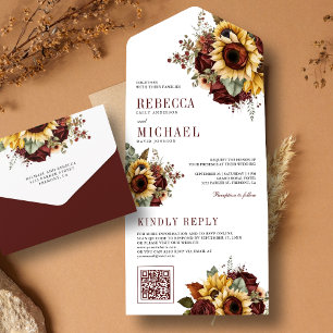 Invitation Tout En Un Tournesols Mariage Code QR Floral Bourgogne