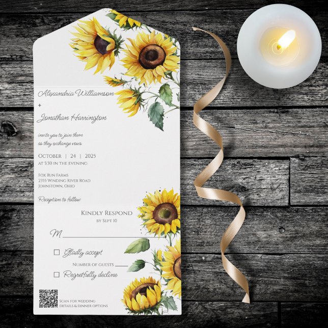 Invitation Tout En Un Tournesols rustiques en blanc avec code QR (Créateur téléchargé)
