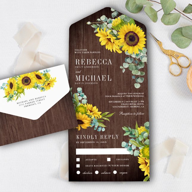 Invitation Tout En Un Tournesols rustiques en bois de grange et Mariage  (Créateur téléchargé)