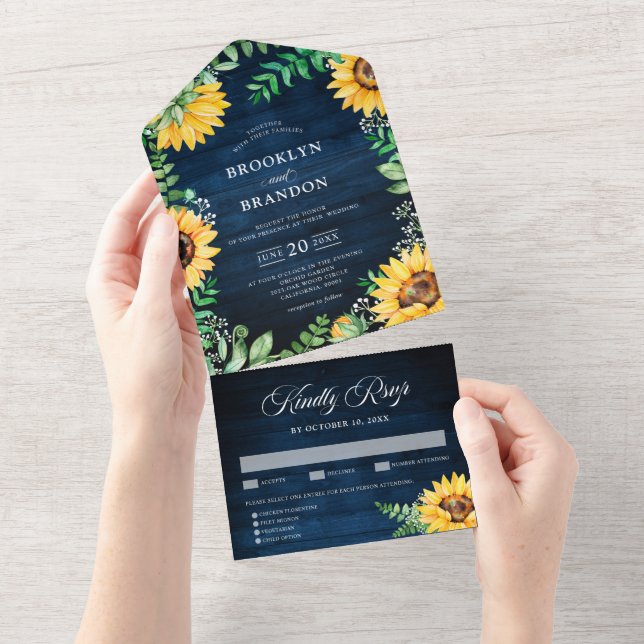 Invitation Tout En Un Tournesols rustiques Mariage bleu marine (Déchirure)