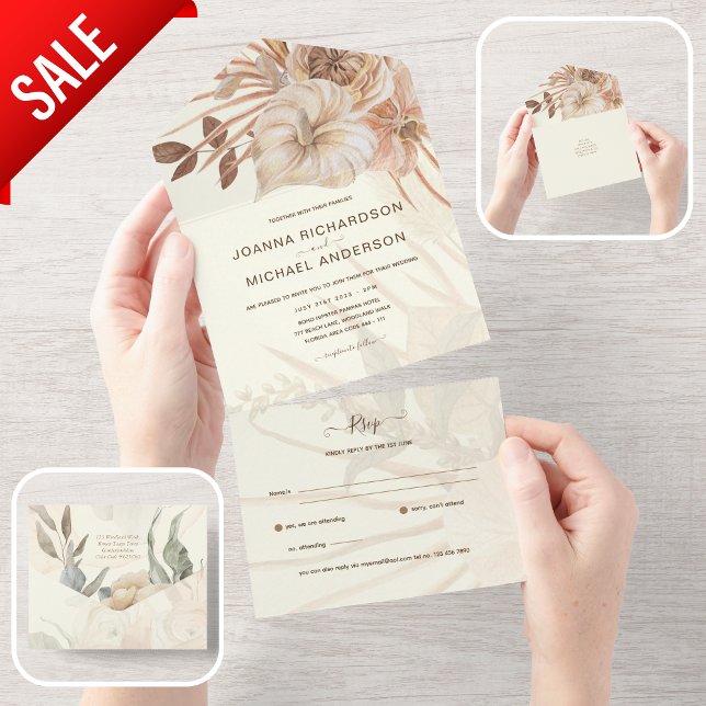 Invitation Tout En Un Tout inclus BOHO Pampas Mariage en herbe RSVP (Créateur téléchargé)