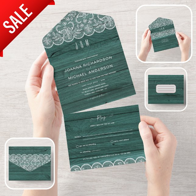 Invitation Tout En Un Tout Inclus Rustic Green Lace Mariage avec RSVP (Créateur téléchargé)