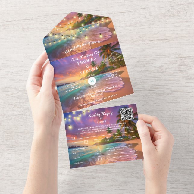 Invitation Tout En Un Tropical Sunset Beach QR Code Océan (Déchirure)
