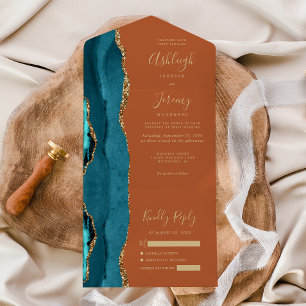 Invitation Tout En Un Turquoise Agate Gold Burning Orange Mariage