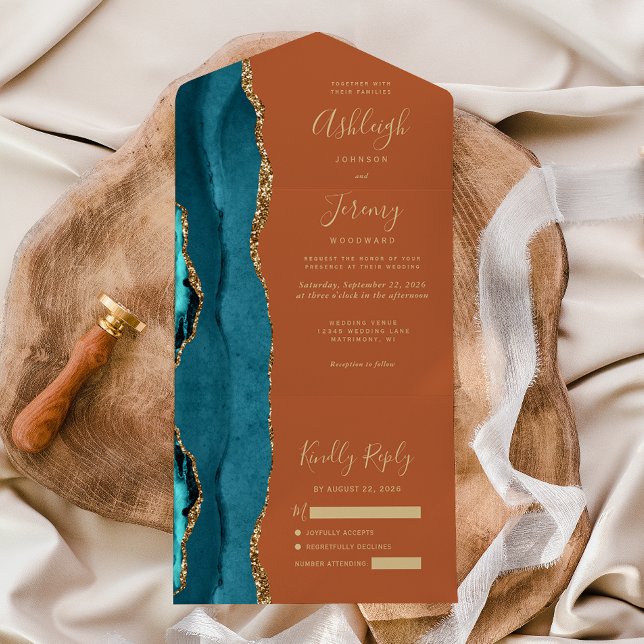 Invitation Tout En Un Turquoise Agate Gold Burning Orange Mariage (Créateur téléchargé)