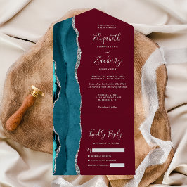 Invitation Tout En Un Turquoise Argent Agate Bourgogne Mariage
