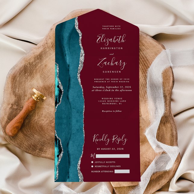 Invitation Tout En Un Turquoise Argent Agate Bourgogne Mariage (Créateur téléchargé)