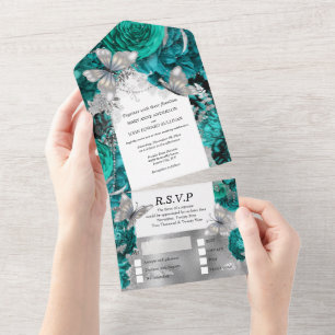 Invitation Tout En Un Turquoise bleu papillon argent shimmer parties sci