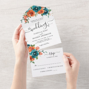 Invitation Tout En Un Turquoise Burnt Orange Rust Fleurs Mariage rustiqu