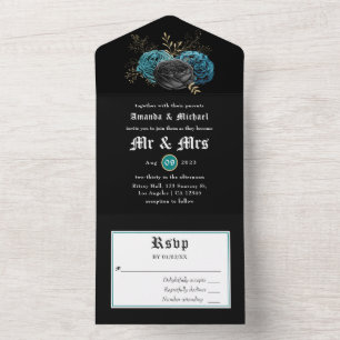 Invitation Tout En Un Turquoise et or Floral Mariage gothique All In One