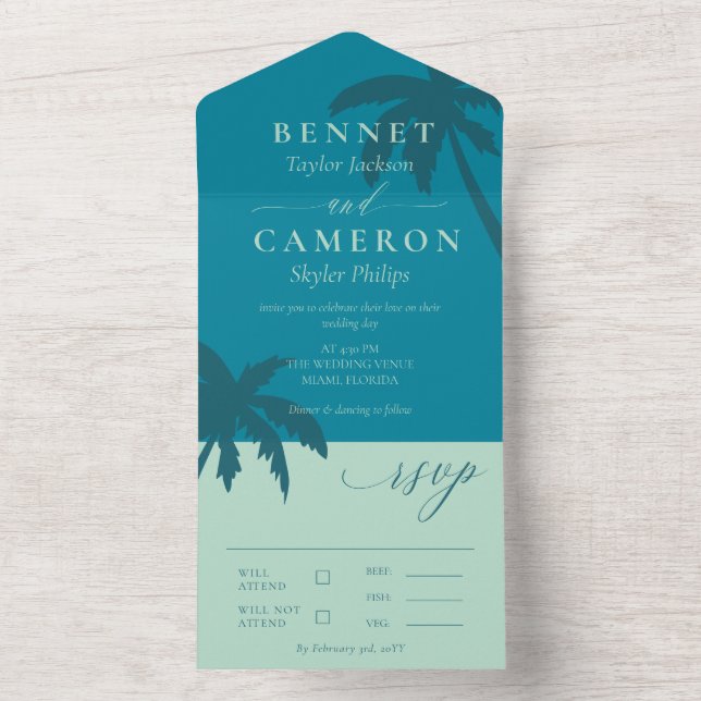 Invitation Tout En Un Turquoise & Mint Green Palm Trees Beach Mariage (À l'intérieur)