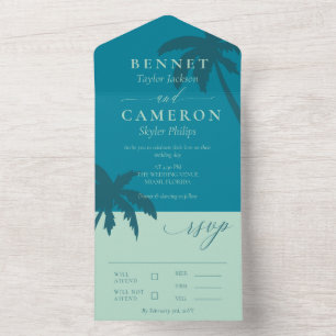 Invitation Tout En Un Turquoise & Mint Green Palm Trees Beach Mariage