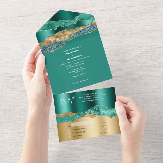 Invitation Tout En Un Turquoise or parties scintillant marbre agate mari (Déchirure)