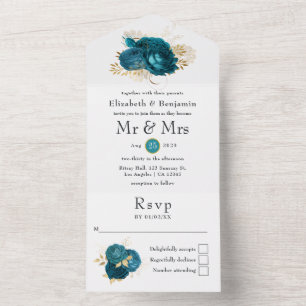 Invitation Tout En Un Turquoise - Turquoise et or Mariage Floral tout en
