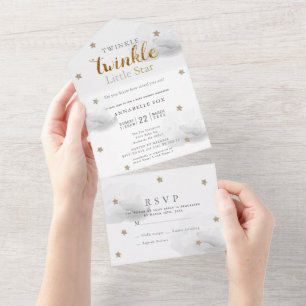 Invitation Tout En Un Twinkle Little Star Gris RSVP Baby shower tout en 