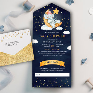 Invitation Tout En Un Twinkle Stars Moon Elephant Marine Baby shower ble