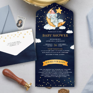 Invitation Tout En Un Twinkle Stars Moon Navy Blue Elephant Baby shower