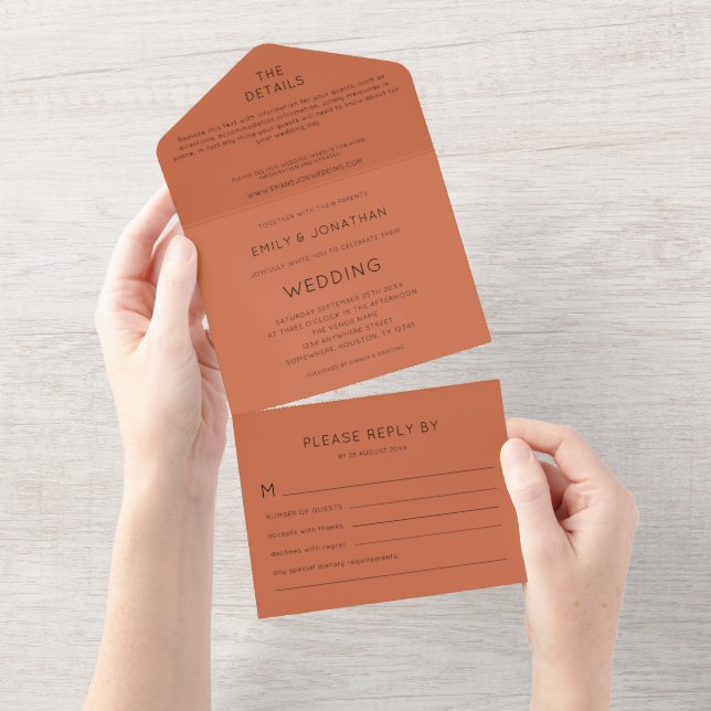 Invitation Tout En Un Typographie simple Mariage Terracotta (Déchirure)