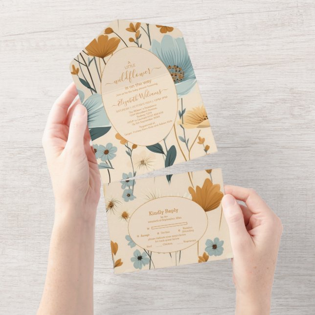 Invitation Tout En Un Un Baby shower À Thème Boho Un Peu Fleur sauvage (Déchirure)