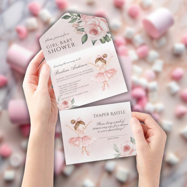 Invitation Tout En Un Un petit Baby shower de fille d'aquarelle Ballerin (A Little Ballerina Watercolor Girl Baby Shower All In One Invitation)