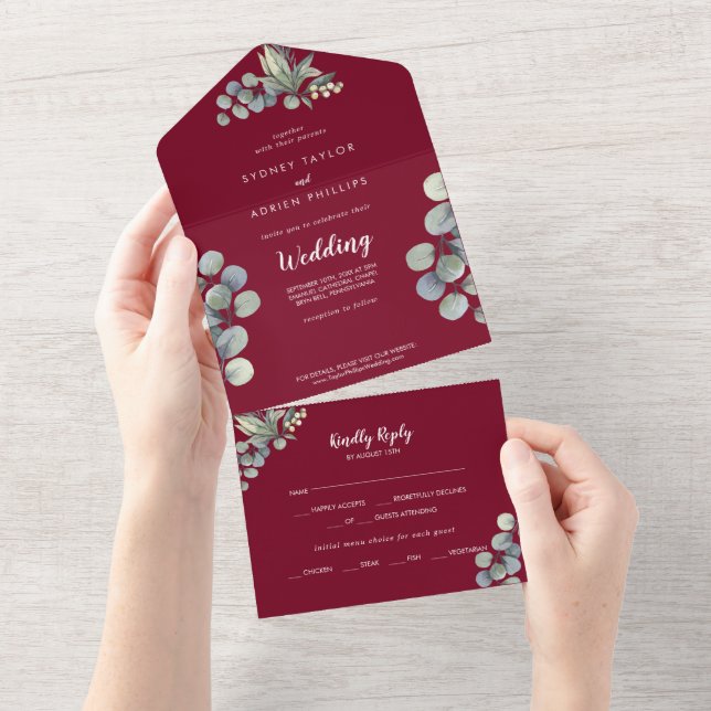 Invitation Tout En Un Végétation d'hiver Eucalyptus Bourgogne Mariage (Déchirure)