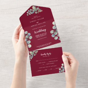 Invitation Tout En Un Végétation d'hiver Eucalyptus Bourgogne Mariage