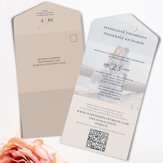 Invitation Tout En Un Vendu minimaliste photo moderne Simple QR Code RSV (Elegant simple blush All in One wedding invitation with QR Code. )