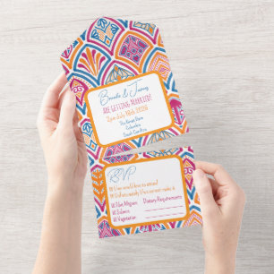 Invitation Tout En Un Ventilateur Turquoise rose orange Mariage