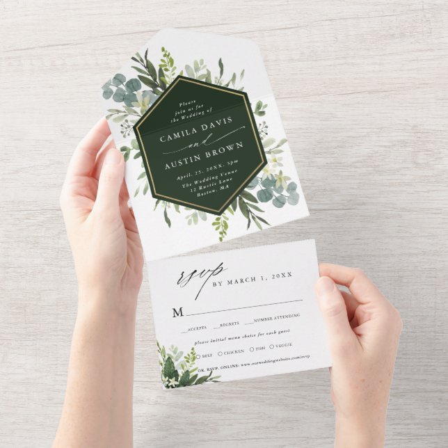 Invitation Tout En Un Verdure Aquarelle or Hexagon Mariage (Déchirure)