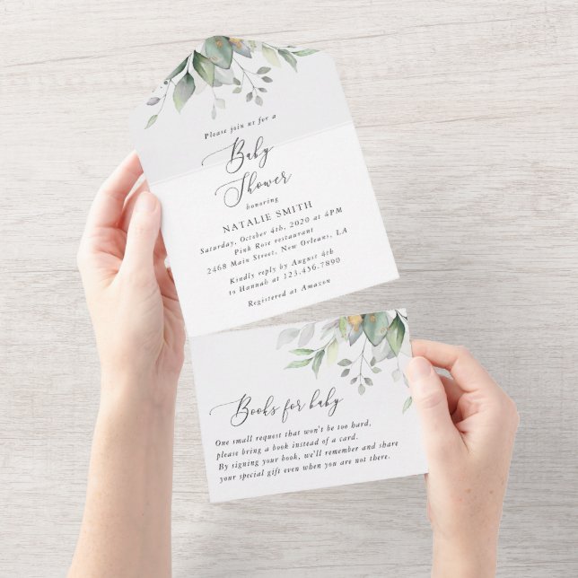 Invitation Tout En Un Verdure, Eucalyptus Feuilles, Boho, Baby shower (Déchirure)