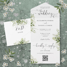 Invitation Tout En Un Verdure Floral Script Hearts QR Code Mariage