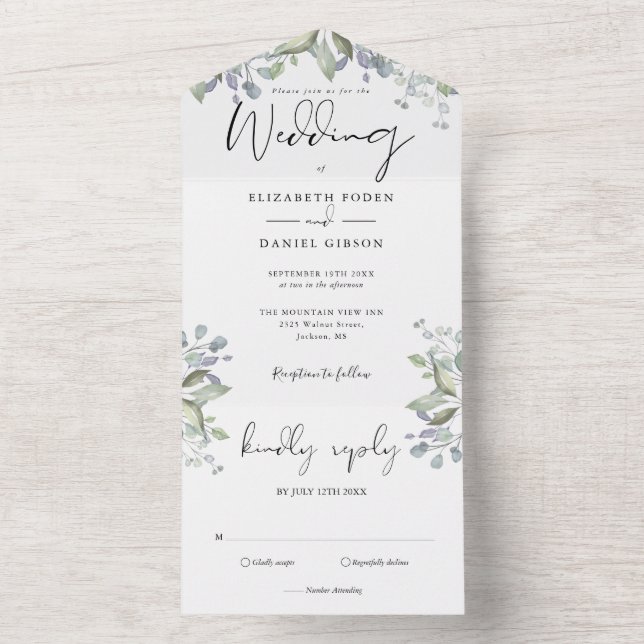 Invitation Tout En Un Verdure Foliage Élégant Mariage Script (À l'intérieur)