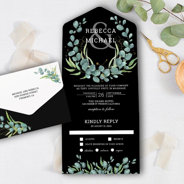 Invitation Tout En Un Verdure rustique Eucalyptus Wreath Mariage noir (Créateur téléchargé)