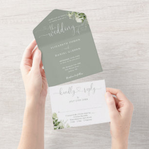 Invitation Tout En Un Verdure Script Hearts Sage Green Mariage