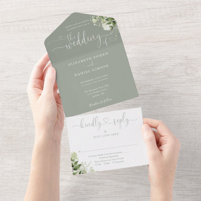 Invitation Tout En Un Verdure Script Hearts Sage Green Mariage (Déchirure)