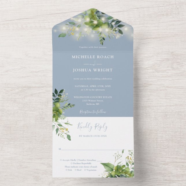 Invitation Tout En Un Verdure String Lumières Dusty Blue Mariage (À l'intérieur)