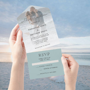 Invitation Tout En Un Verre de mer élégant Bleu poussiéreux Photo Mariag