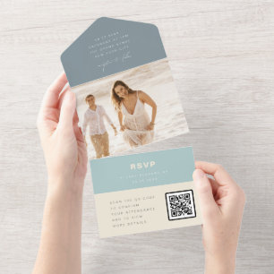 Invitation Tout En Un Verre marin moderne Dusty Blue Mariage QR Code RSV