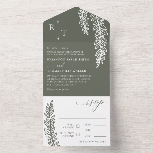 Invitation Tout En Un Vert blanc olive Mariage monogramme (À l'intérieur)
