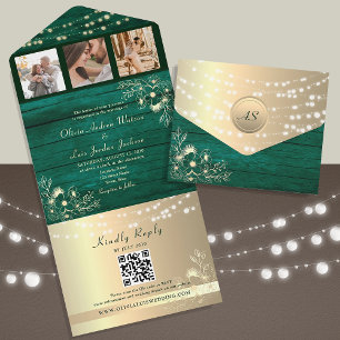 Invitation Tout En Un Vert bois Rustique Chaîne Lumières Mariage QR Code